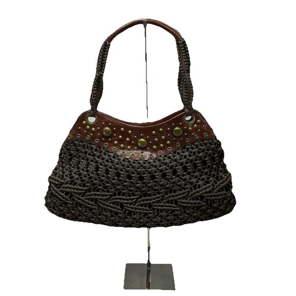 Chicos Handwoven Shoulder Bag Brown Cotton Chic Studded Boho Macrame Purse - Picture 1 of 16